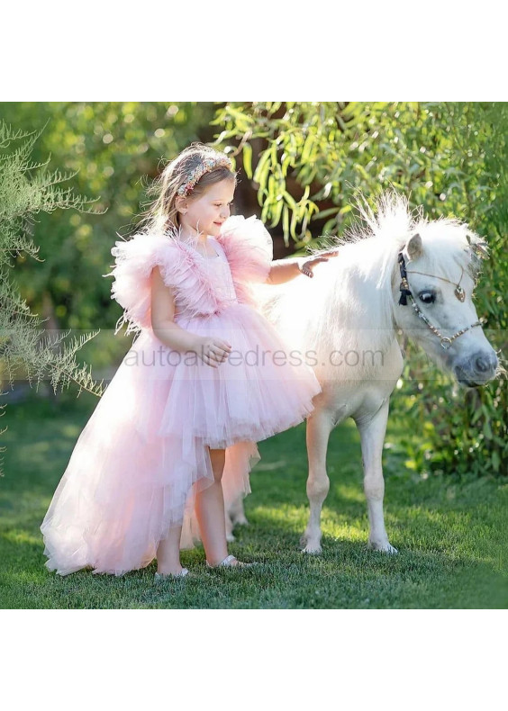Blush Pink Tulle Feather High Low Flower Girl Dress